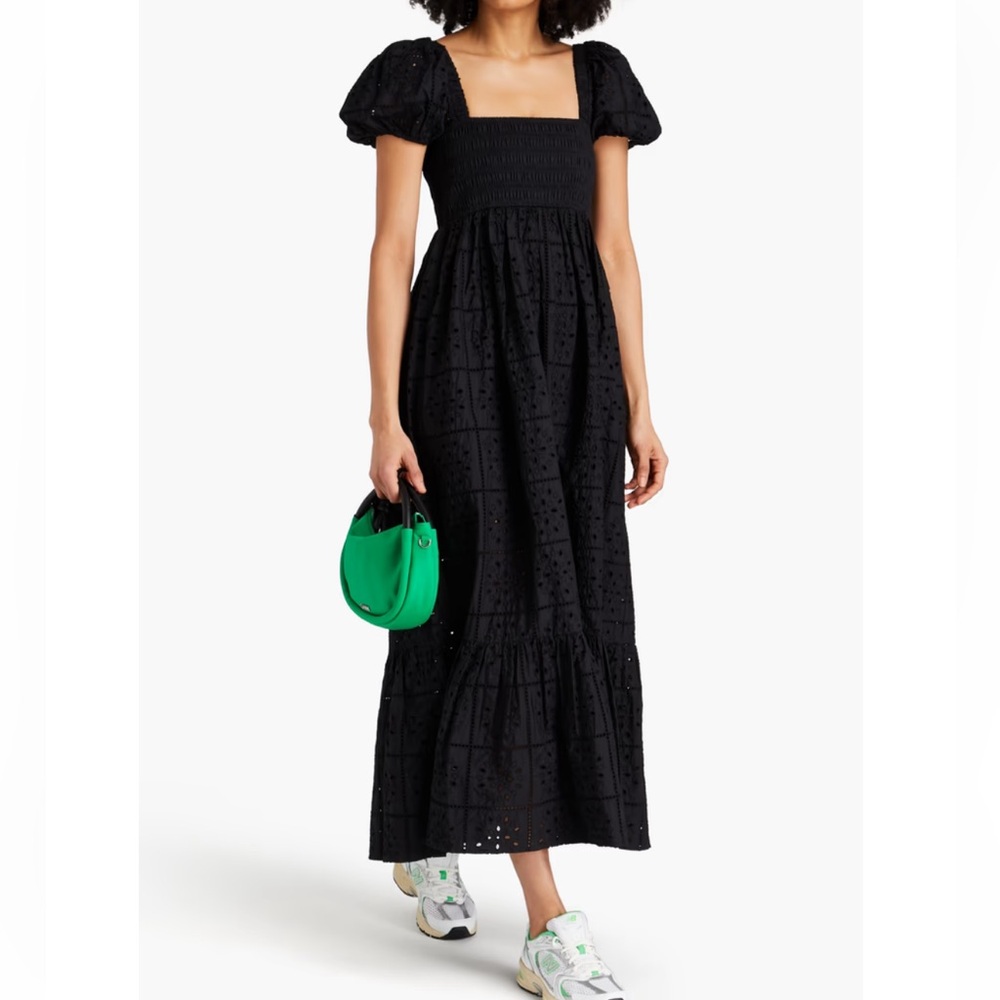 Ganni Black Eyelet Maxi Dress with Puff Sleeves